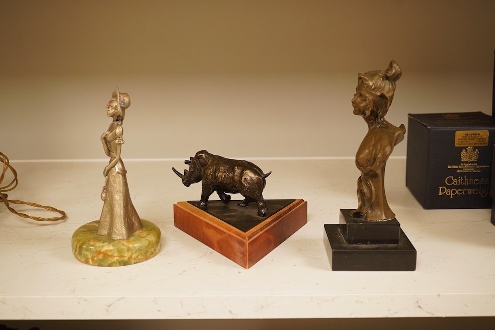 A bronzed rhino, a similar Art Nouveau style lady, and another, largest 19cm high